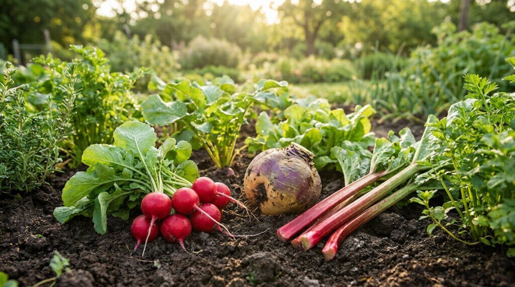 Gros plan sur une récolte de radis rouges, un rutabaga et des tiges de rhubarbe fraîchement cueillis dans un potager ensoleillé.
