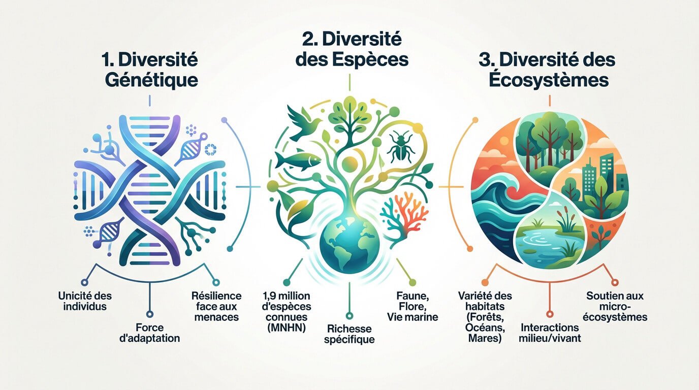 Illustration des trois piliers de la biodiversité : gènes, espèces et écosystèmes