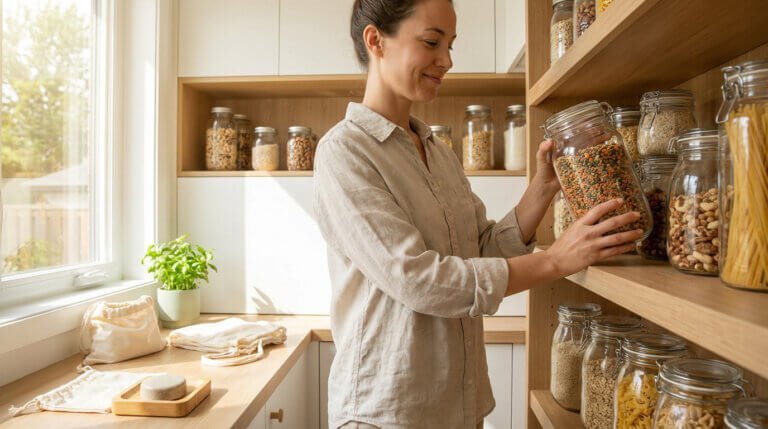 Femme souriante rangeant un bocal de lentilles dans un garde-manger bien rempli de bocaux. Articles zéro déchet sur le comptoir.