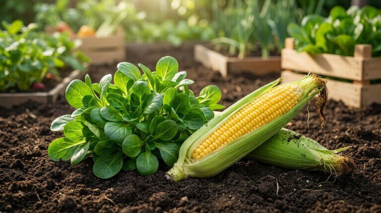 Mâche et deux épis de maïs frais sur de la terre de potager, avec des cultures en arrière-plan. Scène de récolte ensoleillée.