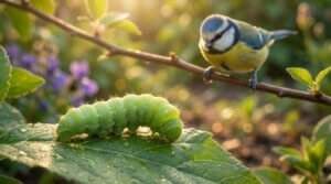 Grosse chenille verte sur feuille humide, observée par une mésange bleue perchée sur une branche dans un jardin ensoleillé.