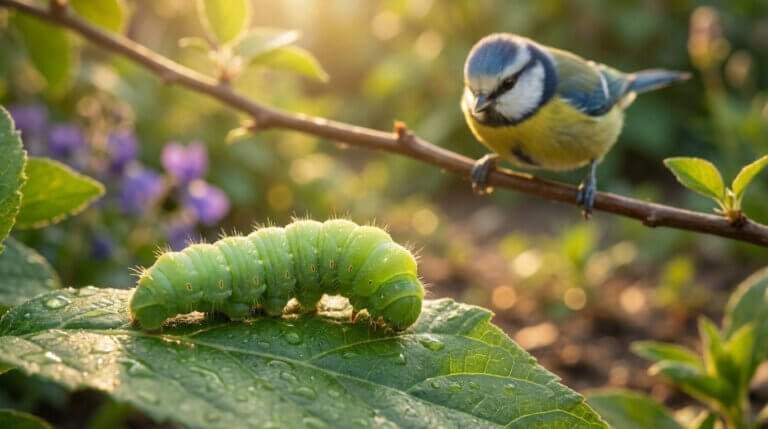 Grosse chenille verte sur feuille humide, observée par une mésange bleue perchée sur une branche dans un jardin ensoleillé.