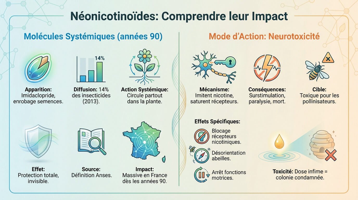 Abeille butinant une fleur potentiellement traitée aux néonicotinoïdes en France