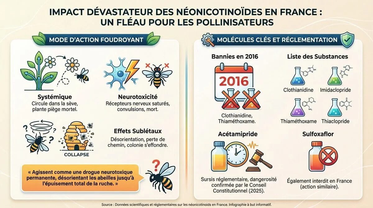 Abeille sur une fleur illustrant l'impact des néonicotinoïdes en France
