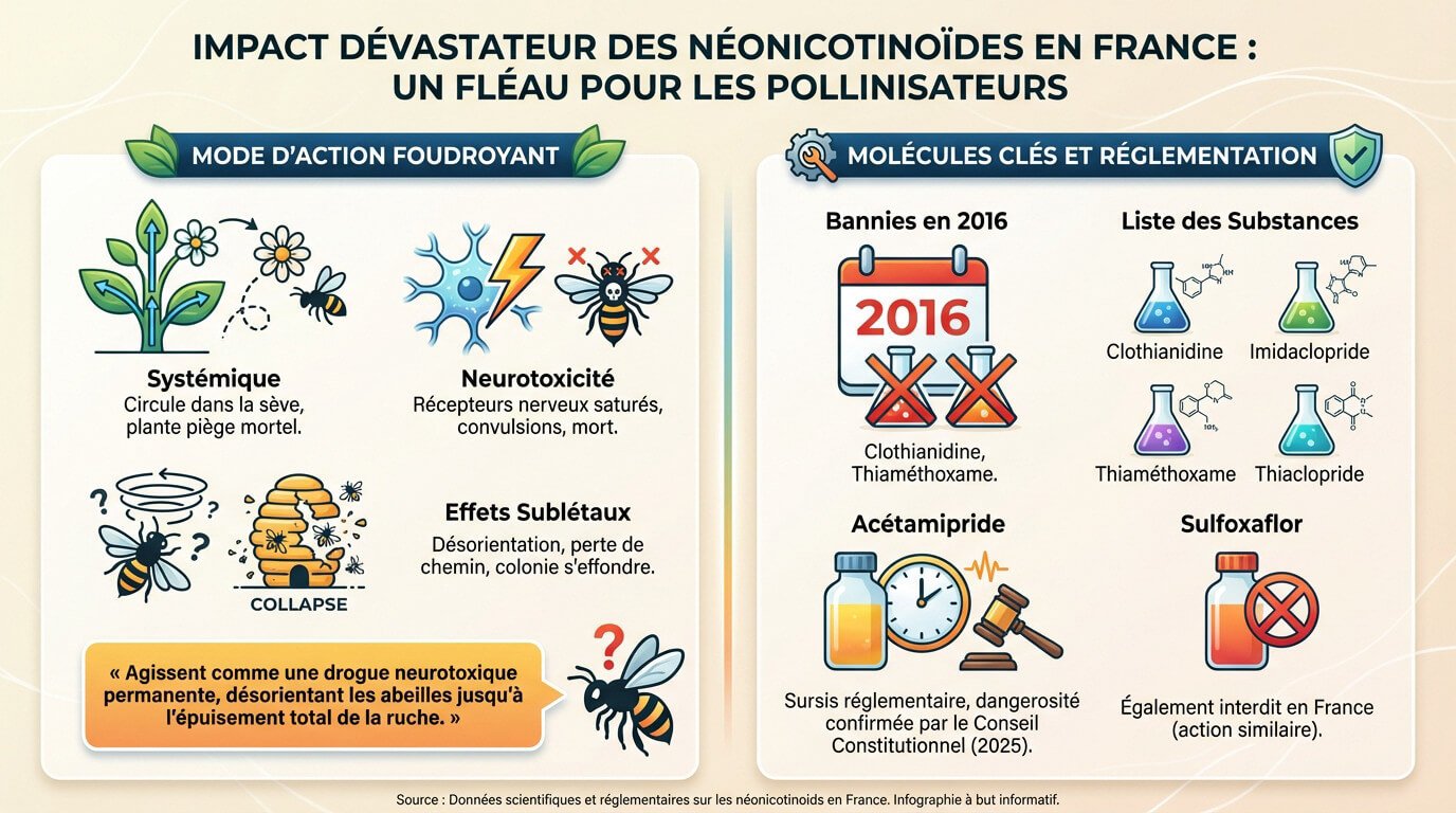 Abeille sur une fleur illustrant l'impact des néonicotinoïdes en France