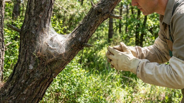 Gros plan sur un nid soyeux de chenilles processionnaires sur un tronc d'arbre, avec une personne gantée en tenue de protection.