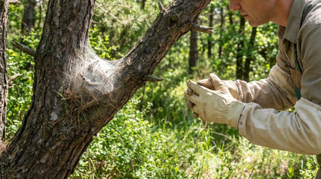 Gros plan sur un nid soyeux de chenilles processionnaires sur un tronc d'arbre, avec une personne gantée en tenue de protection.
