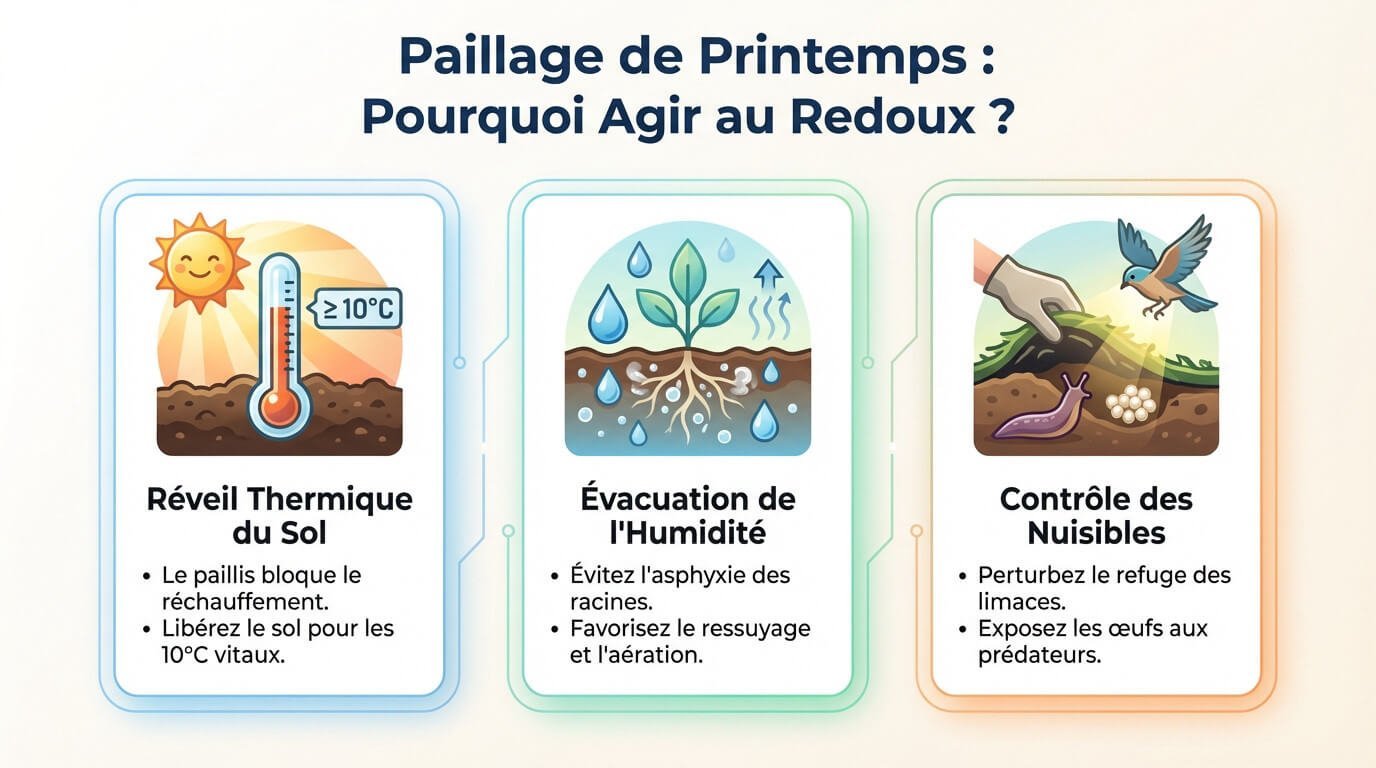 Retrait du paillis organique au printemps pour réchauffer le sol du potager