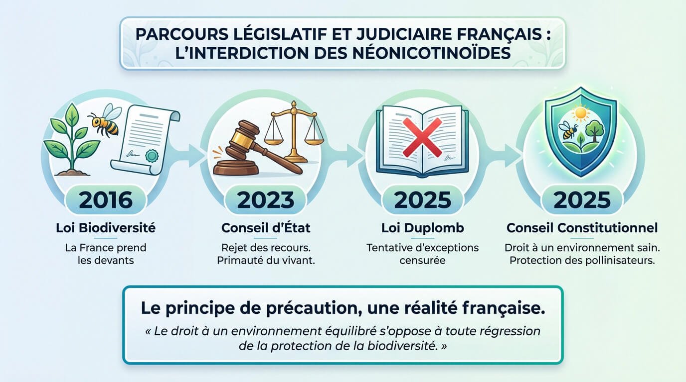 Schéma explicatif du parcours législatif et juridique de l'interdiction des néonicotinoïdes en France, de la loi de 2016 aux décisions de 2025.