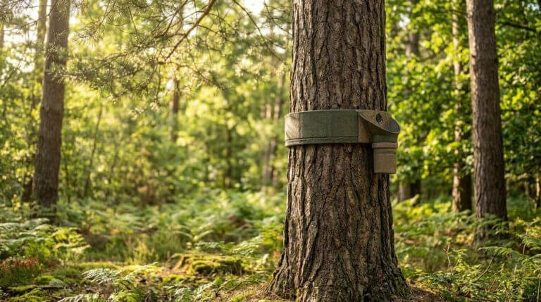 Piège à chenilles processionnaires vert installé autour d'un tronc de pin dans une forêt ensoleillée avec fougères au sol.
