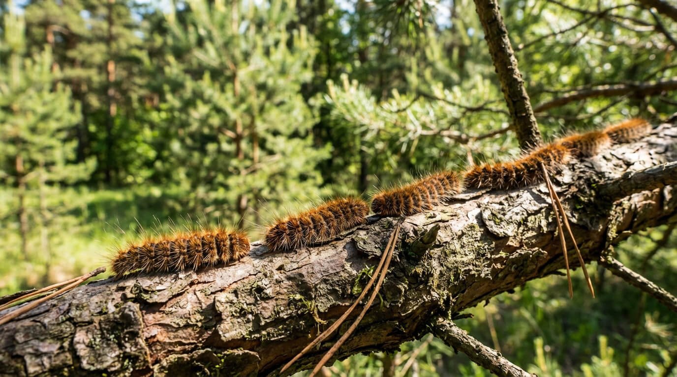 Plusieurs chenilles processionnaires brun-roux et très velues, alignées sur une branche de pin en forêt.