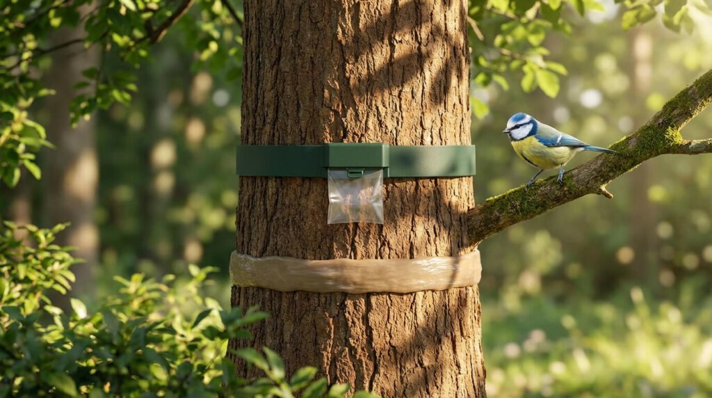 Un arbre équipé de pièges anti-chenilles. Une mésange bleue est posée sur une branche, symbolisant la biodiversité.