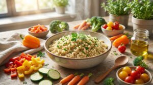 Bol de quinoa fumant garni d'herbes fraîches, entouré de légumes colorés (poivrons, brocolis, carottes, tomates) sur une table en bois.