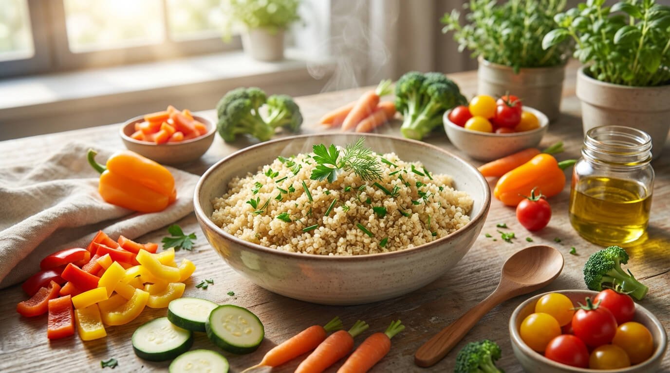 Bol de quinoa fumant garni d'herbes fraîches, entouré de légumes colorés (poivrons, brocolis, carottes, tomates) sur une table en bois.