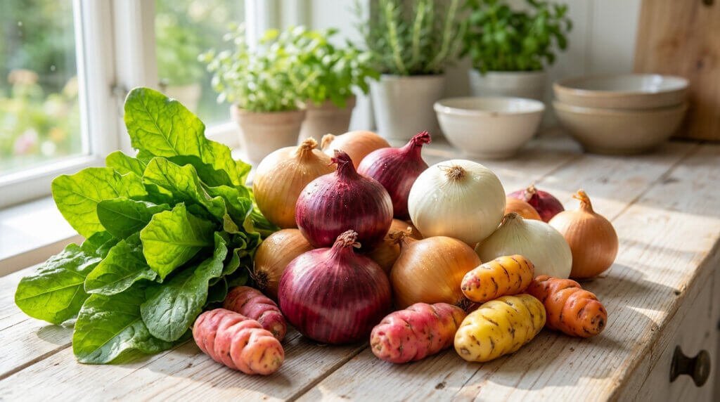 Un bouquet d'oseille, des oignons rouges, jaunes et blancs, ainsi que des oca, posés sur une table en bois près d'une fenêtre.