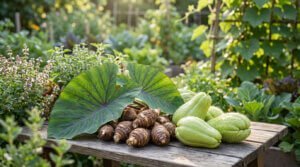 Une récolte de légumes exotiques sur une table en bois dans un jardin ensoleillé. On voit du taro, des chayotes et de grandes feuilles vertes.