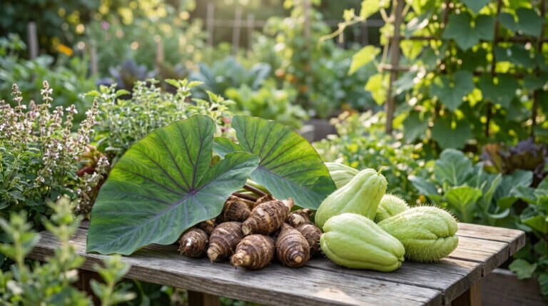 Une récolte de légumes exotiques sur une table en bois dans un jardin ensoleillé. On voit du taro, des chayotes et de grandes feuilles vertes.
