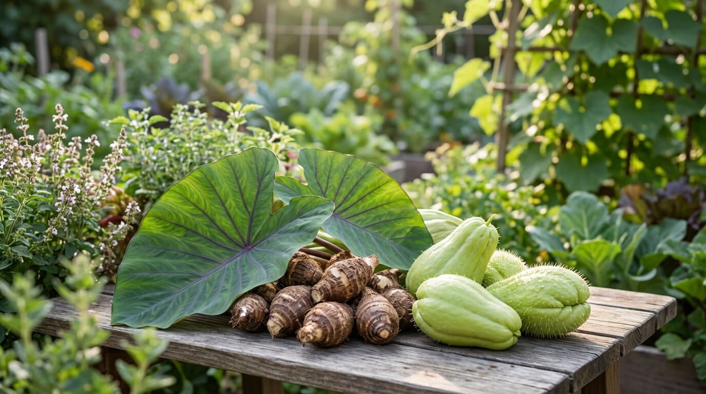 Une récolte de légumes exotiques sur une table en bois dans un jardin ensoleillé. On voit du taro, des chayotes et de grandes feuilles vertes.