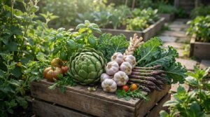 Caisse en bois remplie de légumes frais : artichaut, ail, asperges, chou frisé, tomates, basilic dans un potager ensoleillé.