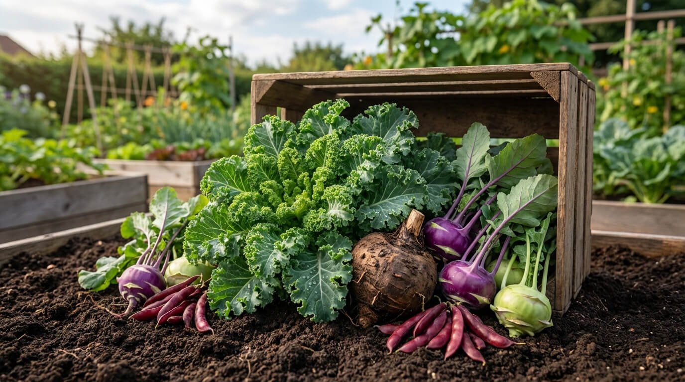 Chou kale, kohlrabis violets et verts, racine de konjac et gousses pourpres dans une caisse au potager.