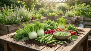 Table en bois avec une abondante récolte de légumes frais du potager : fenouil, fèves, radis, carottes, tomates. Jardin ensoleillé.