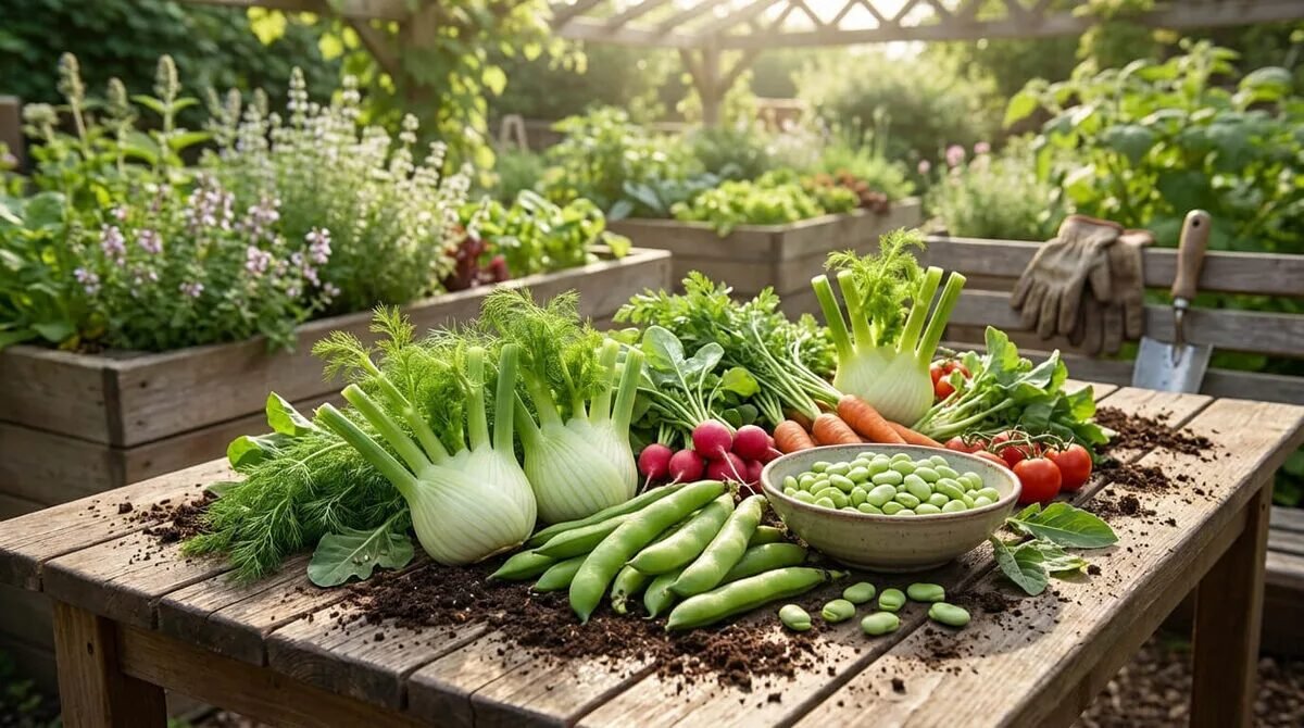 Table en bois avec une abondante récolte de légumes frais du potager : fenouil, fèves, radis, carottes, tomates. Jardin ensoleillé.