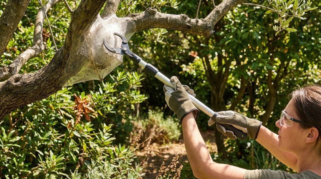 Personne avec gants et lunettes de sécurité coupant un grand nid de chenilles soyeux d'une branche d'arbre à l'aide d'un sécateur télescopique.