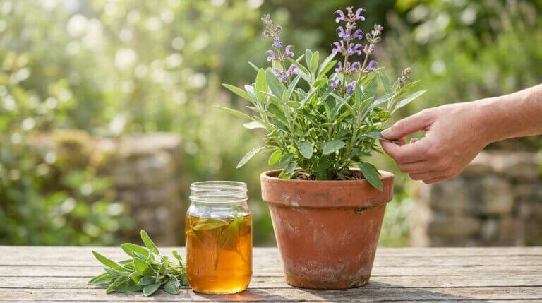 Une main cueille une feuille de sauge d'une plante en pot. À côté, un bocal d'infusion et des feuilles fraîches sur une table en bois.