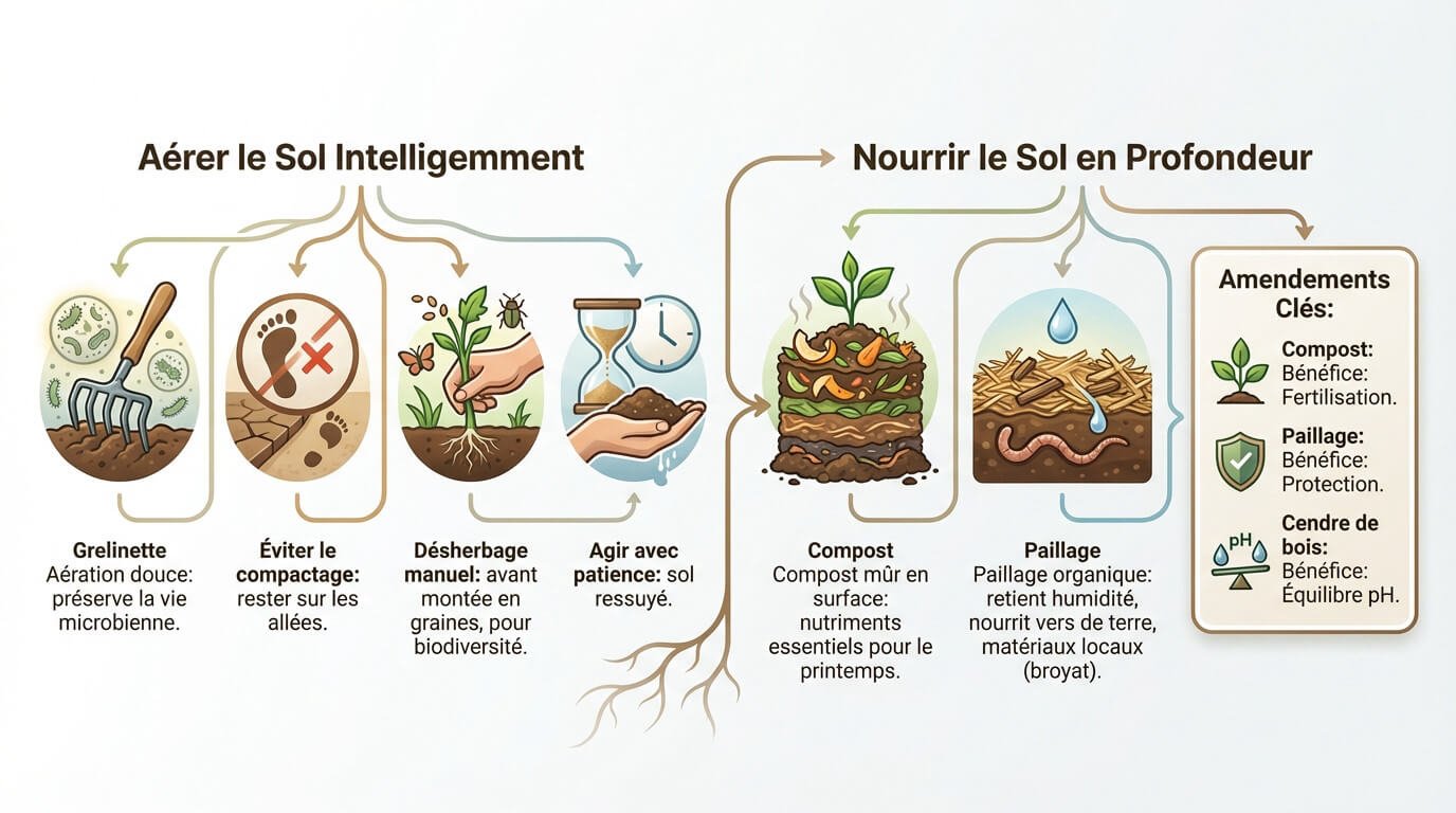 Aération du sol à la grelinette et apport de compost au printemps