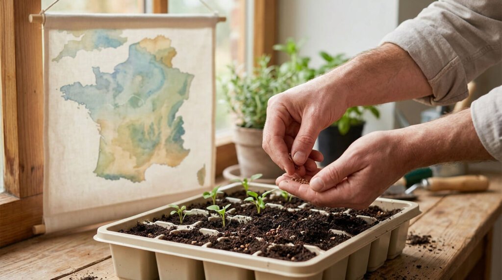 Mains semant des graines dans un plateau de semis avec de jeunes pousses, devant une carte aquarelle de la France près d'une fenêtre.