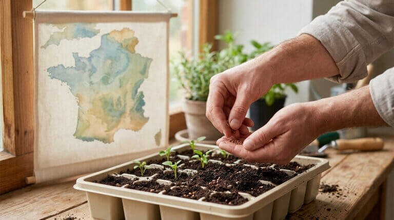 Mains semant des graines dans un plateau de semis avec de jeunes pousses, devant une carte aquarelle de la France près d'une fenêtre.