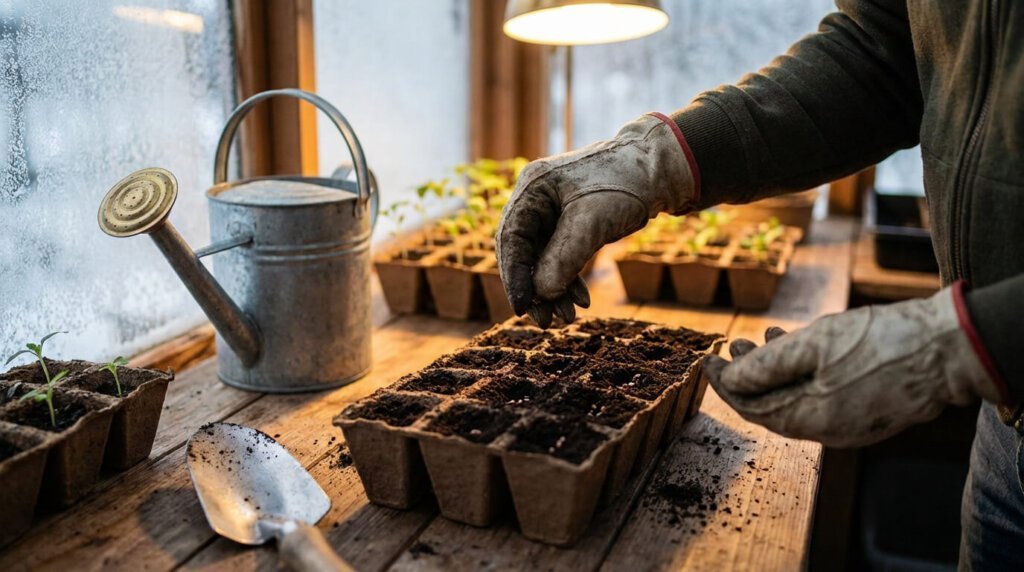 Gros plan sur des mains gantées semant des graines dans des godets sur une table en bois, près d'un arrosoir et d'une fenêtre givrée.