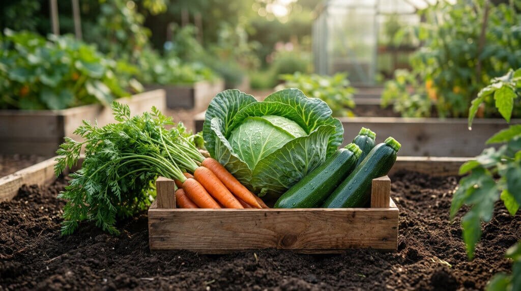 Gros plan sur une caisse en bois remplie de carottes, chou et courgettes, posée sur la terre d'un jardin ensoleillé.