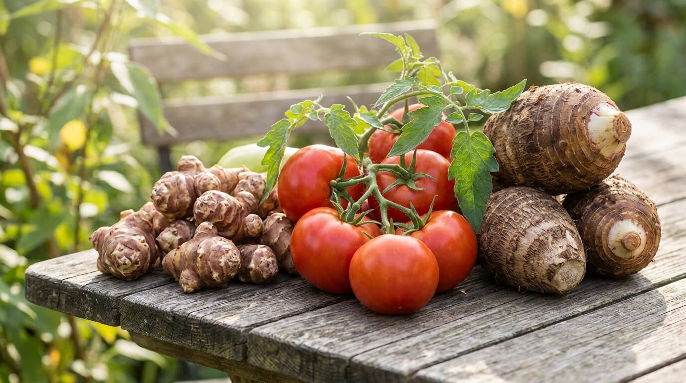 Une récolte de tomates rouges, topinambours et taros sur une table en bois rustique, avec verdure en arrière-plan.