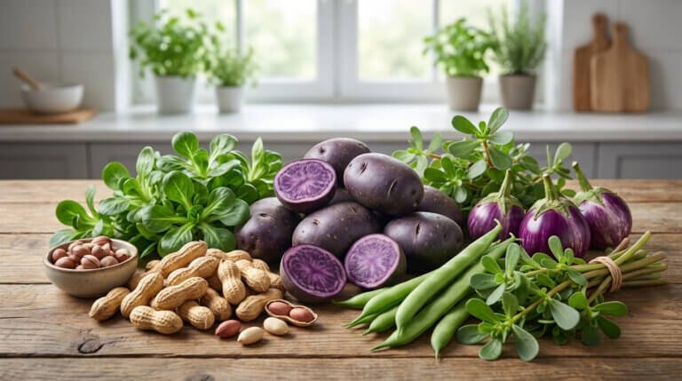 Légumes rares en V : pommes de terre violettes coupées, petites aubergines, haricots verts, mâche, pourpier et cacahuètes sur table en bois.