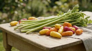 Tiges d'udo vertes et tubercules d'ulluco jaunes, oranges et violets sur une table en bois, en extérieur.