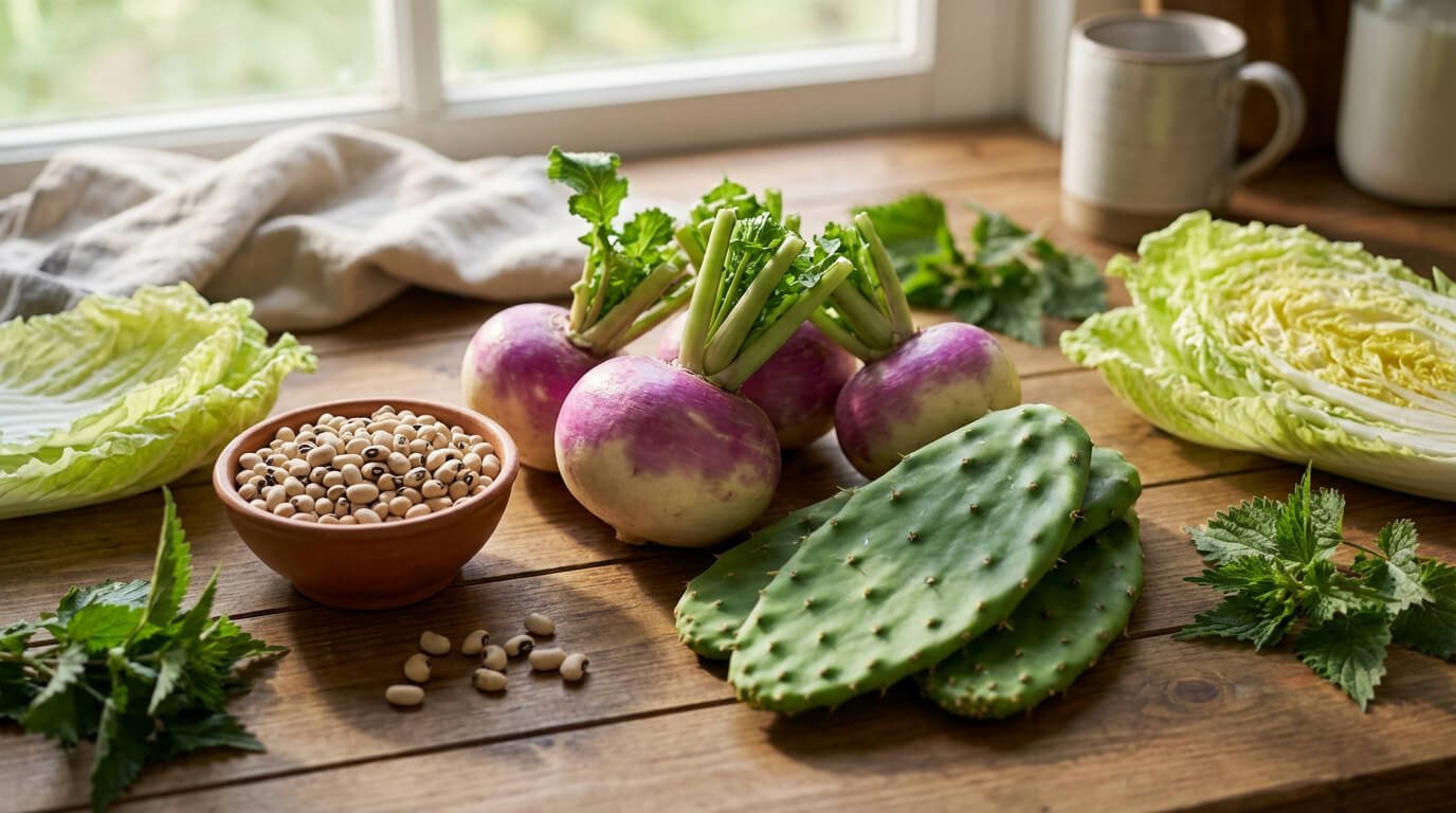 Table en bois près d'une fenêtre avec des navets, des nopales, du chou chinois, des haricots à œil noir et de l'ortie.