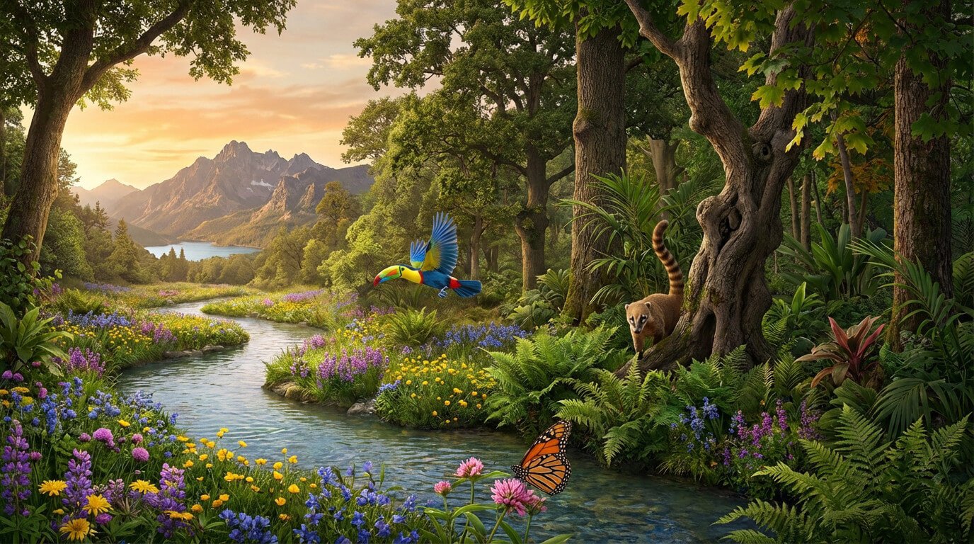 Vibrant, lush natural landscape at golden hour. A clear river flows through wildflower banks, with a toucan, butterfly, and coati. Distant mountains and lake.