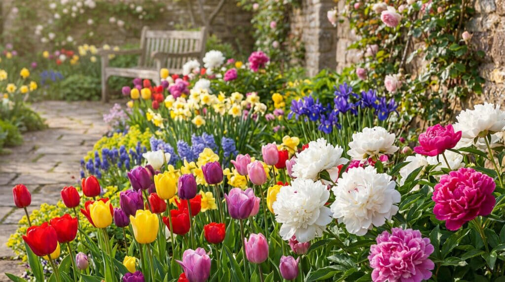 Vibrant spring garden in full bloom with colorful tulips, peonies, daffodils, hyacinths, and irises lining a stone path.