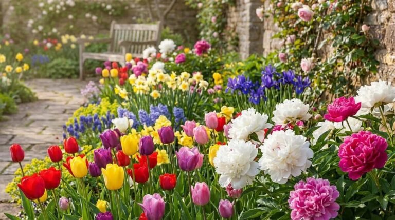 Vibrant spring garden in full bloom with colorful tulips, peonies, daffodils, hyacinths, and irises lining a stone path.