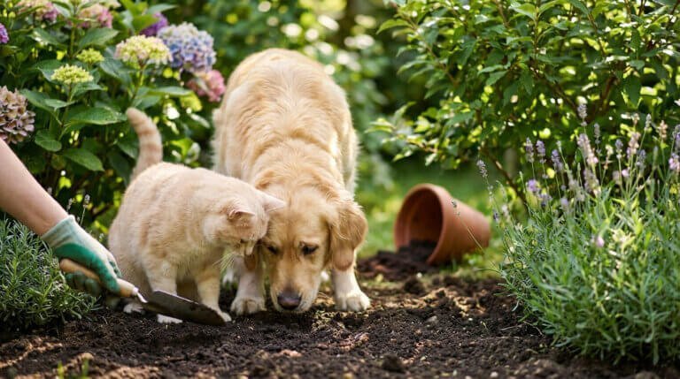 Un golden retriever et un chat roux reniflent la terre d'un jardin. Une main gantée jardine près de fleurs colorées.