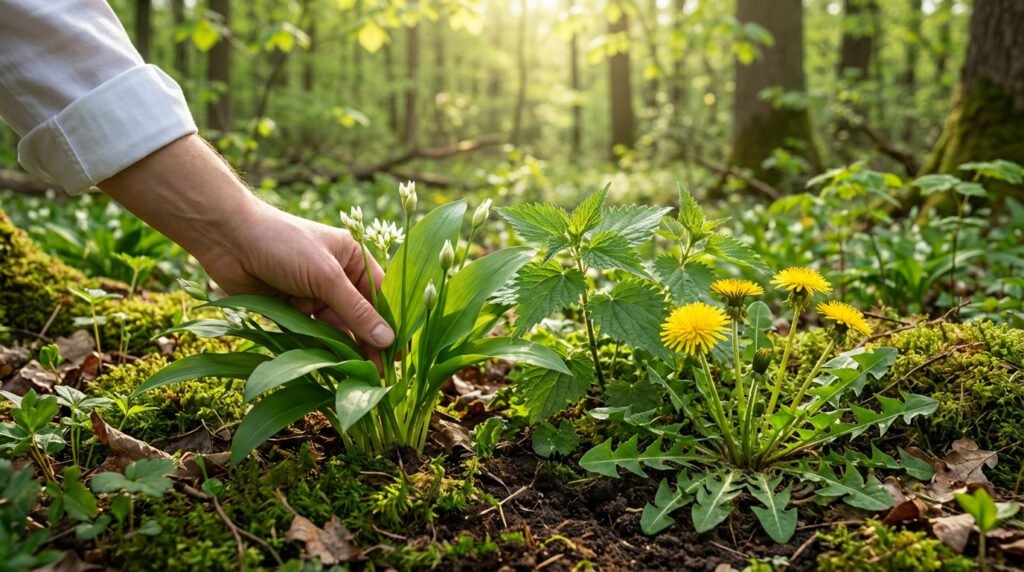 Main cueillant de l'ail des ours dans une forêt lumineuse, entourée d'orties et de pissenlits. Scène de récolte printanière.