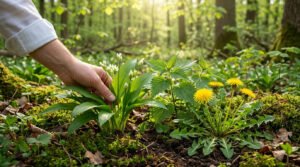 Main cueillant de l'ail des ours dans une forêt lumineuse, entourée d'orties et de pissenlits. Scène de récolte printanière.