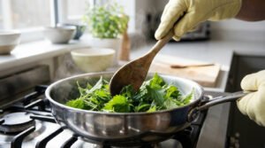 Mains gantĂ©es remuant des orties fraĂźches dans une poĂȘle sur le feu avec une cuillĂšre en bois, de la vapeur s'Ă©chappe.