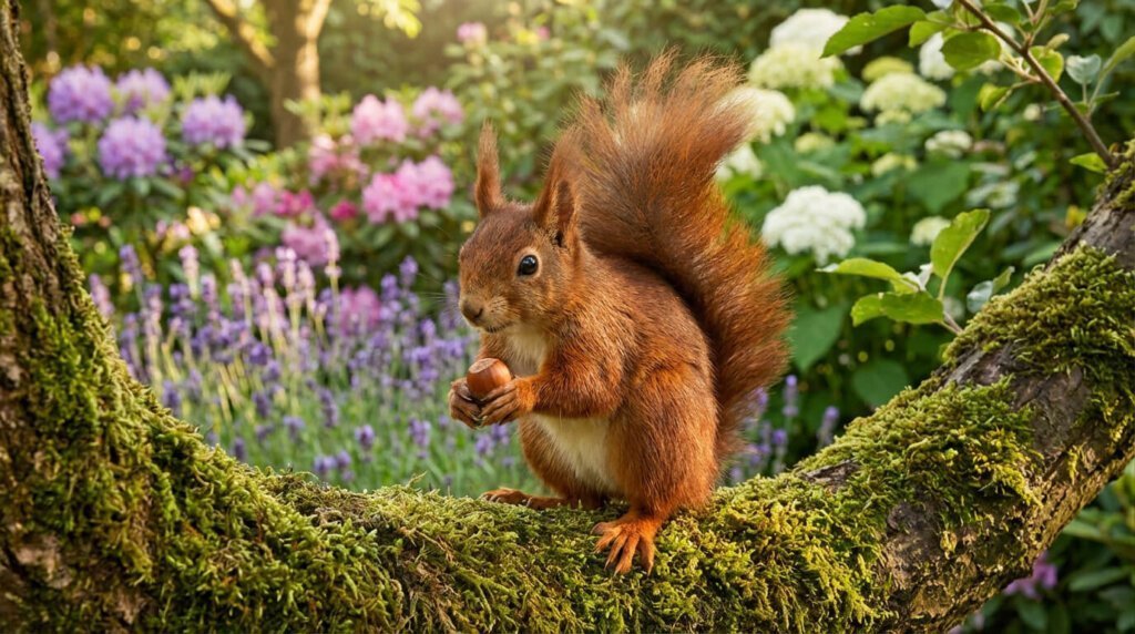 Un écureuil roux au pelage vibrant, assis sur une branche moussue, savoure une noisette dans un jardin fleuri et ensoleillé.
