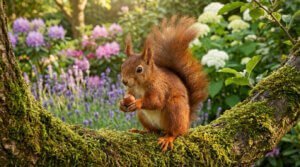 Un écureuil roux au pelage vibrant, assis sur une branche moussue, savoure une noisette dans un jardin fleuri et ensoleillé.