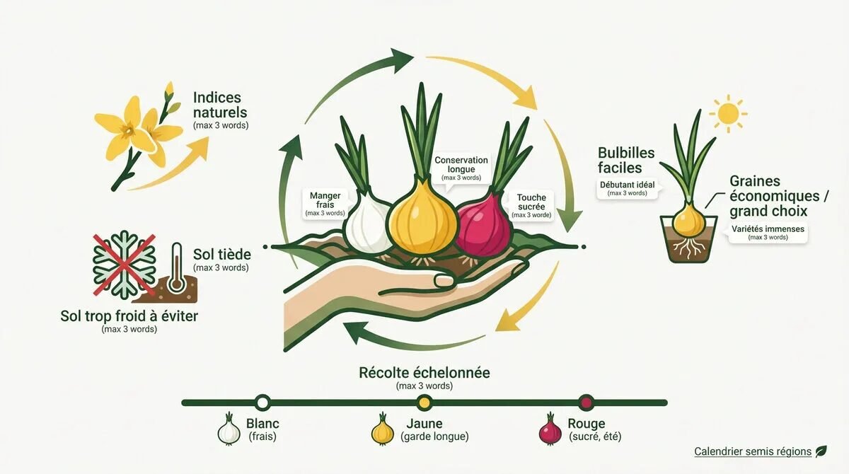 Tableau des différentes variétés d'oignons jaunes rouges et blancs pour le potager