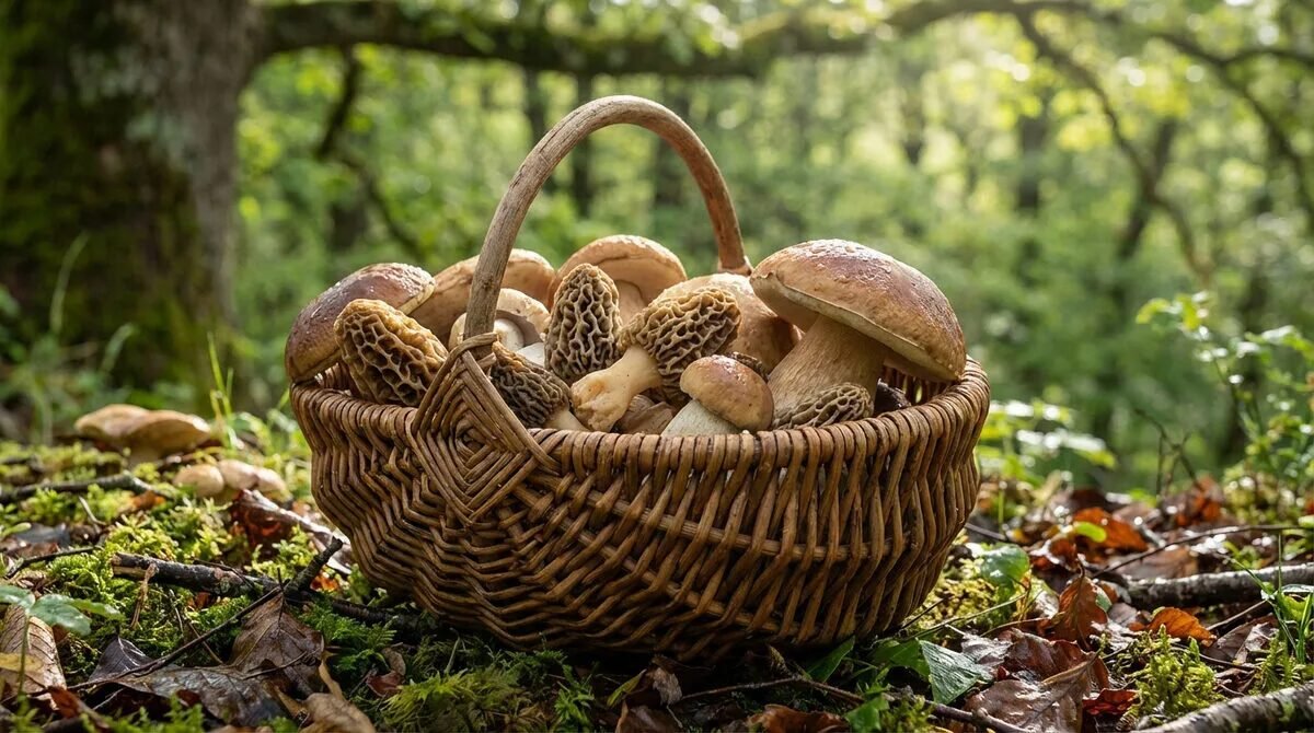 Un panier en osier rempli de bolets et de morilles sur un lit de mousse et de feuilles mortes dans une forêt lumineuse.