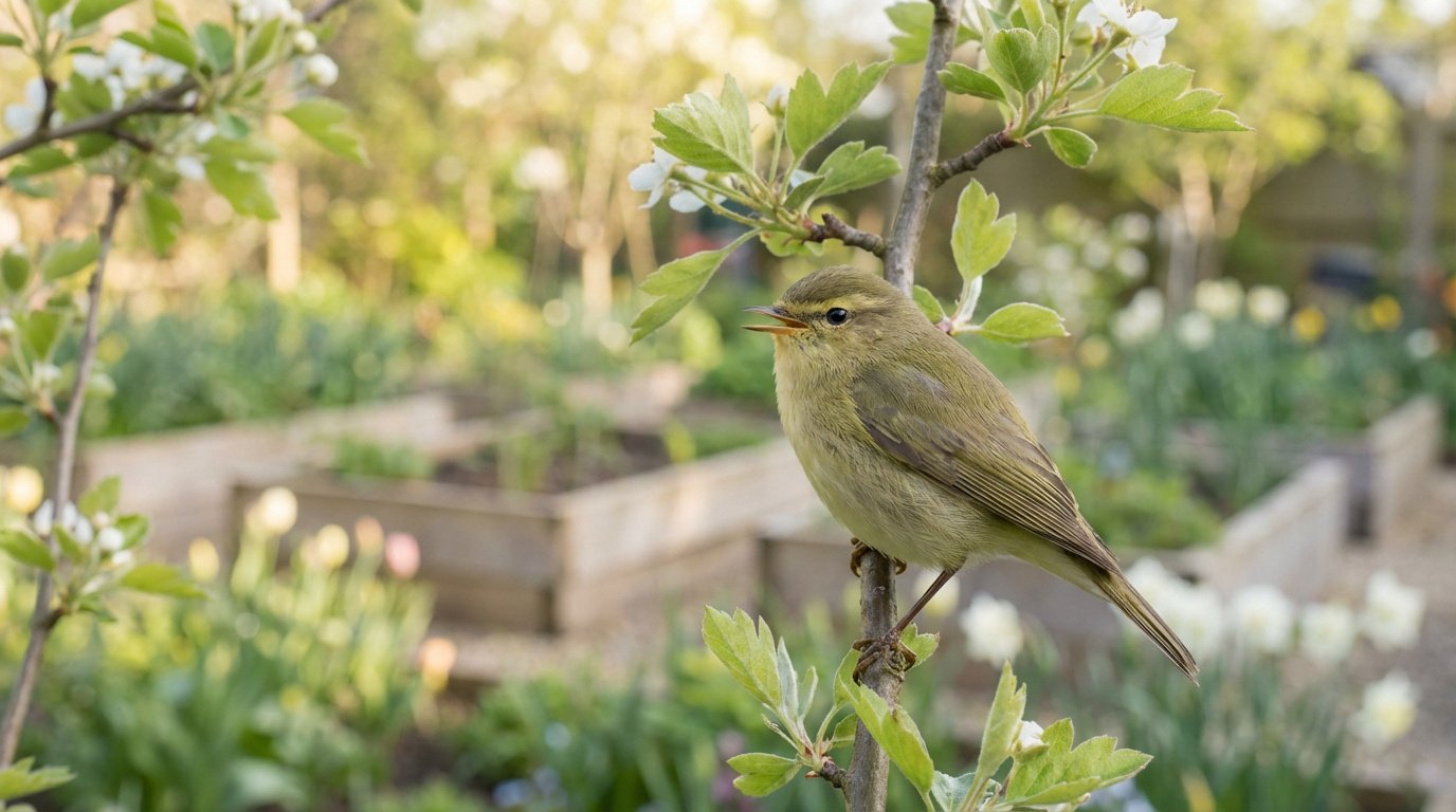 Un pouillot véloce vert-olive perché sur une branche fleurie dans un jardin printanier ensoleillé, le bec légèrement ouvert.