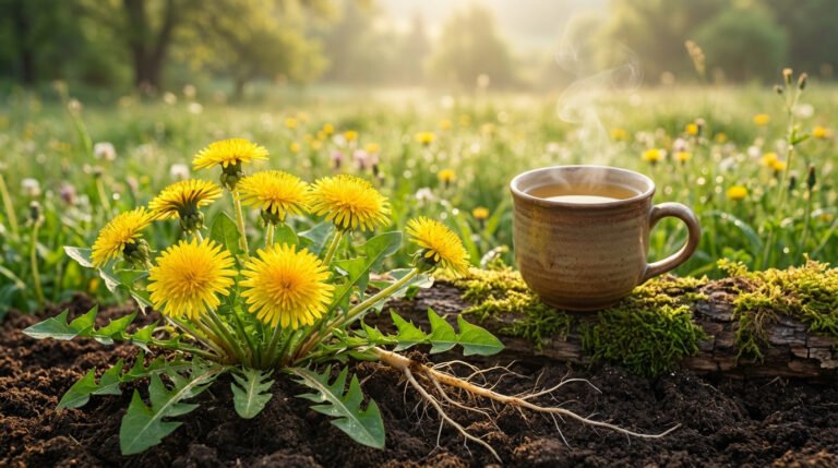 Vue rapprochée de pissenlits avec leurs racines, à côté d'une tasse de tisane fumante sur un tronc moussu dans un champ ensoleillé.